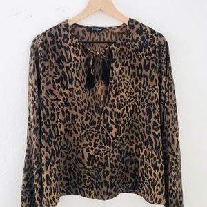 Olivaceous Leopard Print Blouse With Tassels